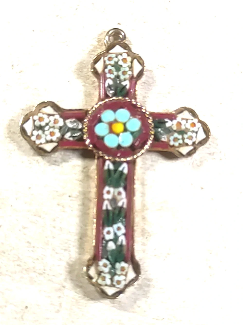 Italy Cross Pendant Gold Tone Enamel Red Blue White Feminine Religious Church